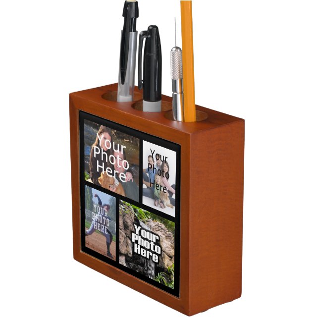 Four Photo Collage Custom Pencil Holder Desk Block (In Situ)