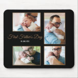 Four Photo Collage First Fathers Day Script Black Mouse Pad<br><div class="desc">This stylish design would make a super gift for the new first time dad to keep on his desk, simply swap in your four favorite photos into this collage template. The text is easily personalised and the black background color can be changed to a different color if you so wish...</div>