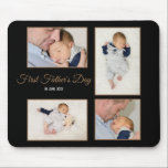 Four Photo Collage First Fathers Day Script Black Mouse Pad<br><div class="desc">This stylish design would make a super gift for the new first time dad to keep on his desk, simply swap in your four favorite photos into this collage template. The text is easily personalised and the black background color can be changed to a different color if you so wish...</div>