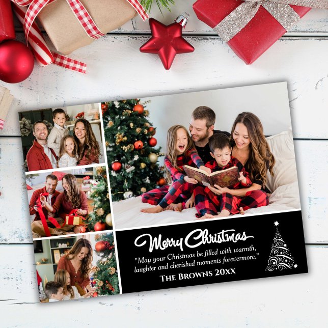 Four photo collage modern cute black Christmas  Holiday Card (Front )