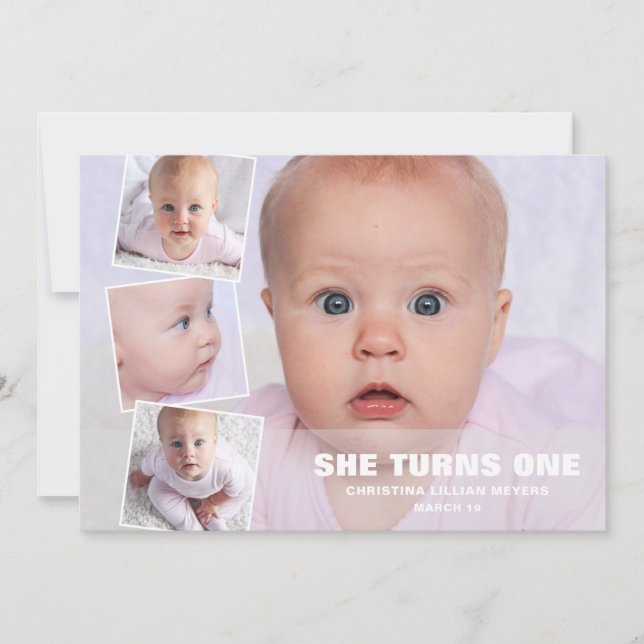 Four Photo Collage Pink First Birthday Card (Front)
