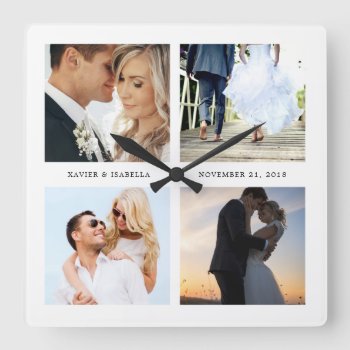 Four Photo Collage With Custom Text Square Wall Clock by PinkMoonDesigns at Zazzle