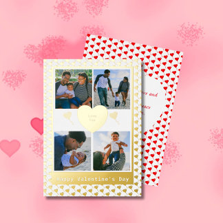 Four Photo Family Gold Red Hearts Poem Valentines Foil Holiday Card