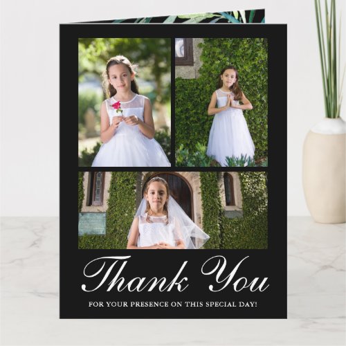 Four Photo Greenery First Communion Black Thank You Card