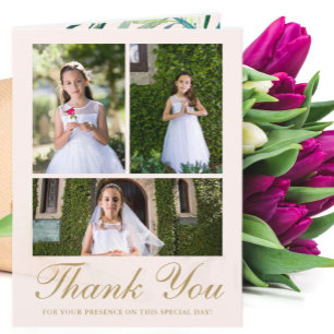 Four Photo Greenery First Communion Blush Letterpress Thank You Card