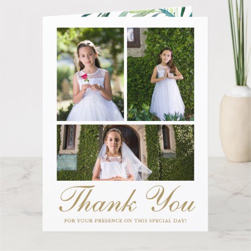Four Photo Greenery First Communion  Thank You Card