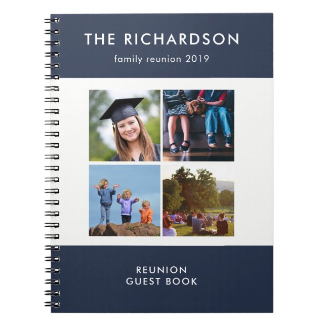 Four Photo Grid Blue and White Family Reunion Notebook (Front)