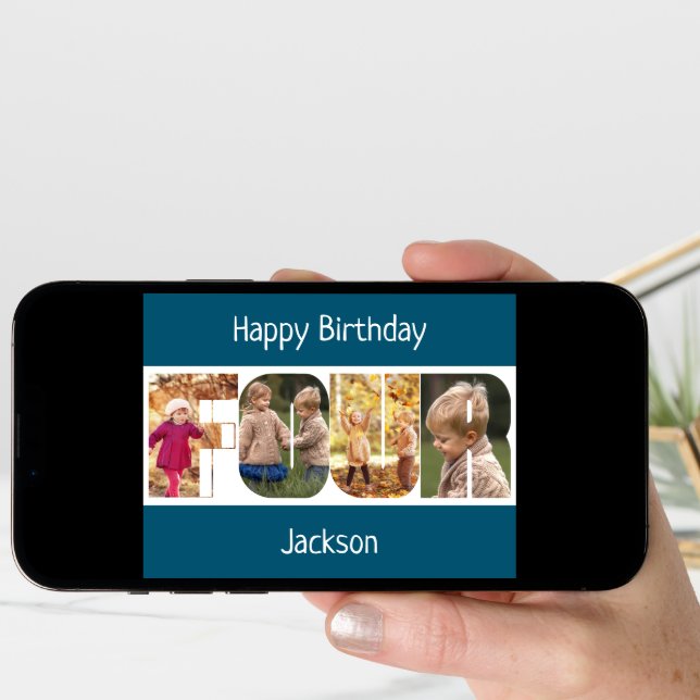 FOUR Photo Letters Pink Girls 4th Birthday Card (Front Digital)