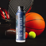 Four Photo Personalized Name Water Bottle<br><div class="desc">Sports Jersey style font with four rounded corner photo frames. Customize to choose your font,  color,  crop or remove photos and change bottle color.</div>