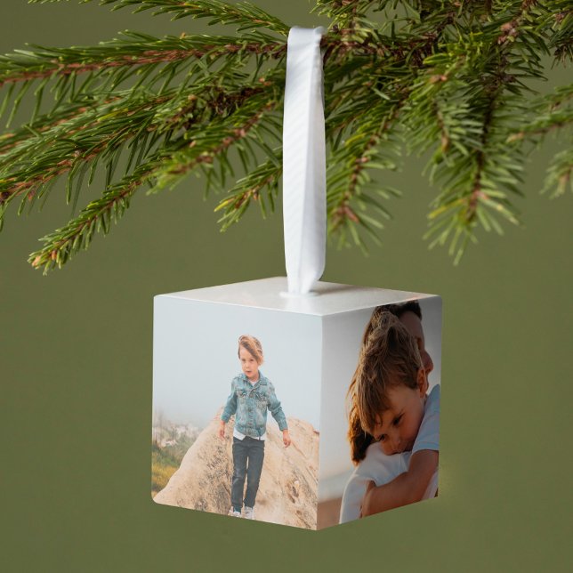 Four Photo Square Collage Minimal Family Photo Cube Ornament (Four Photo Square Collage Minimal Family Photo Cube Ornament)