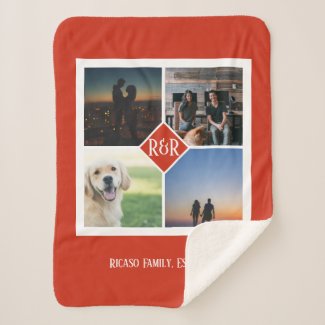 Four Photo Template and Monogram Personalized Red Sherpa Blanket