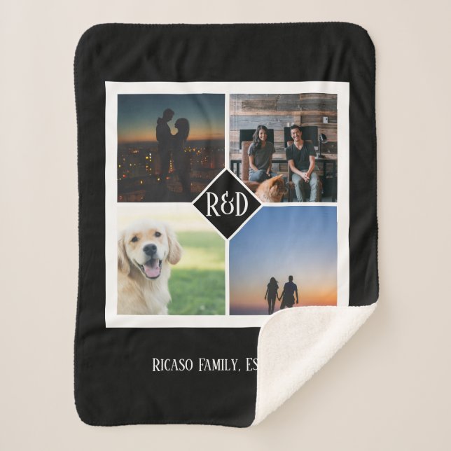 Four Photo Template and Monogram Personalized Sherpa Blanket (Front)