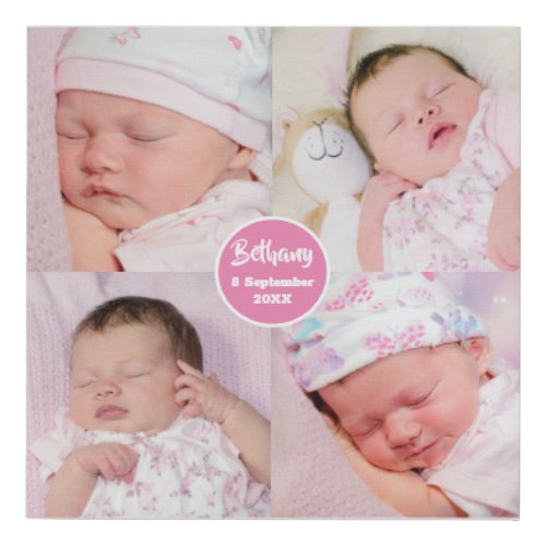 Four Photos Baby Collage Name Date Faux Canvas Print
