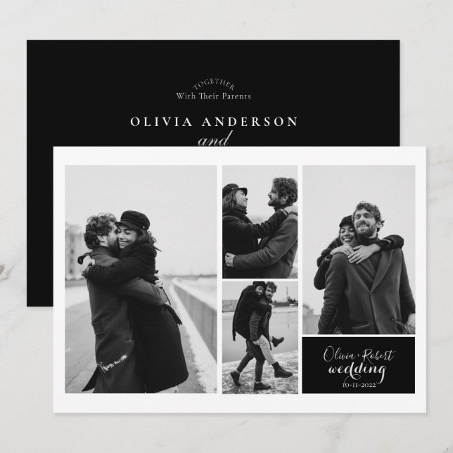 Four Photos Black and White Typography Wedding Invitation (Front/Back)