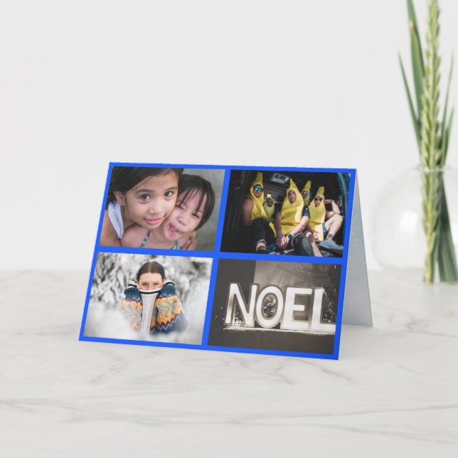 Four Photos blue border Christmas New Year Holiday Card (Front)