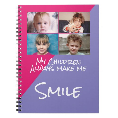 Four photos children make me smile pink purple notebook