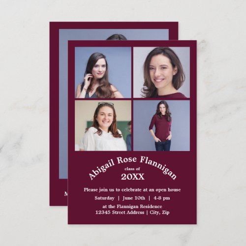 Four Photos Collage Burgundy_ 3x5  Graduation Invitation