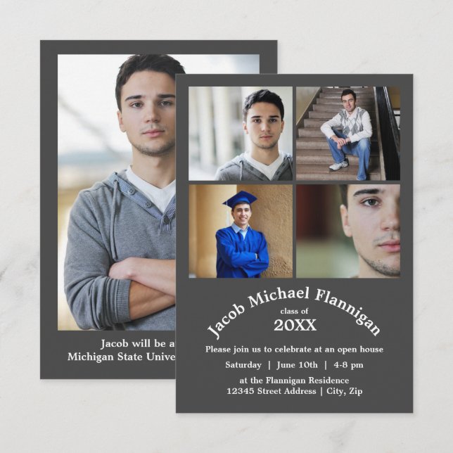 Four Photos Collage Gray 3x5- Graduation Announce Invitation (Front/Back)