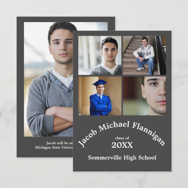 Four Photos Collage Gray 3x5- Graduation Announce Invitation (Front/Back)