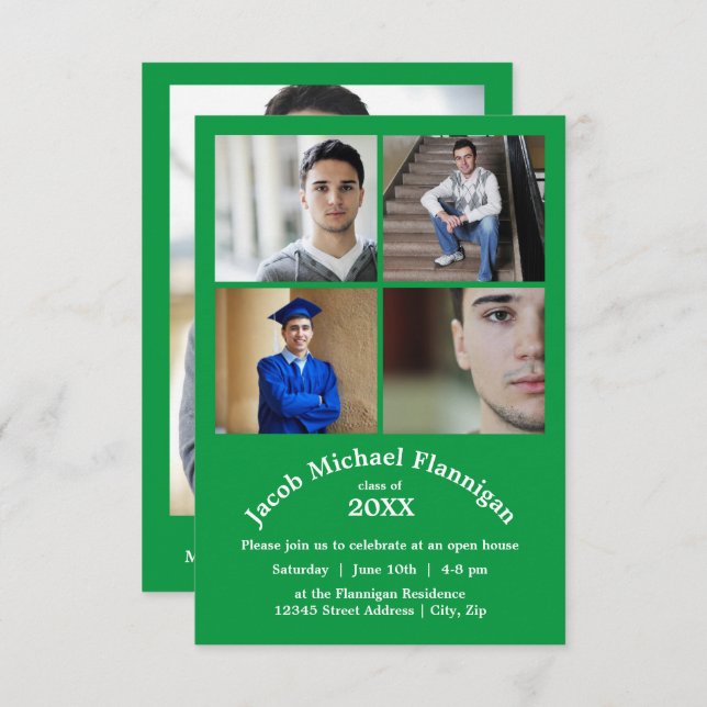 Four Photos Collage Green 3x5- Graduation Announce Invitation (Front/Back)