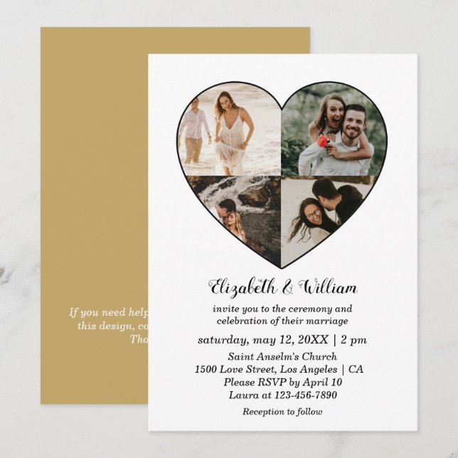 Four Photos Collage Heart Frame Wedding Invitation (Front/Back)