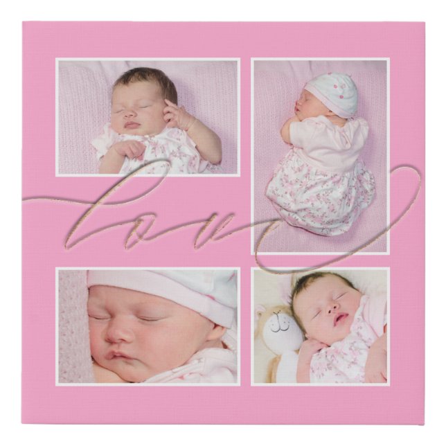 Four Photos Collage Love Baby Girl Pink Faux Canvas Print (Front)