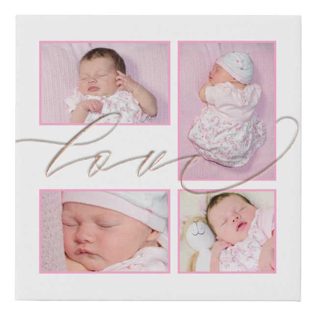 Four Photos Collage Love Baby Girl White Faux Canvas Print (Front)