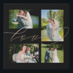 Four Photos Collage Love Elegant Script Wedding Faux Canvas Print<br><div class="desc">A great memento from your big day, simply swap in your four favorite pictures from your wedding day. The word Love overlaps them slightly and is set in a romantic gold script.The black background color can be changed to a different color if you so wish via the Click to Customize...</div>
