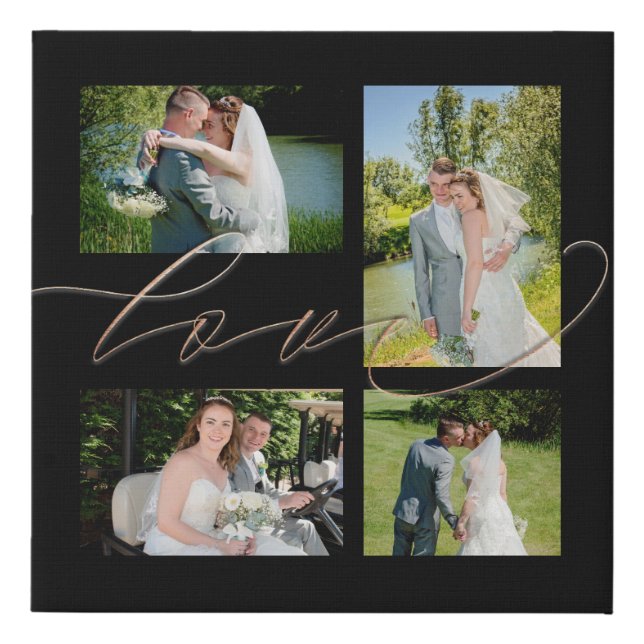 Four Photos Collage Love Elegant Script Wedding Faux Canvas Print (Front)