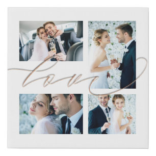 Four Photos Collage Love Elegant Script White Faux Canvas Print