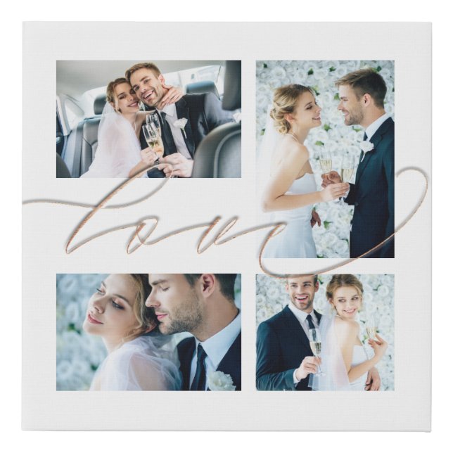 Four Photos Collage Love Elegant Script White Faux Canvas Print (Front)