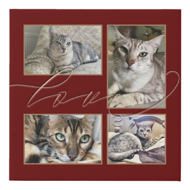 Four Photos Collage Love Pets Burgundy Faux Canvas Print (Front)
