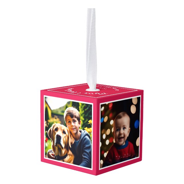 Four Photos Personalized Christmas Keepsake Red Cube Ornament (Back Angled)