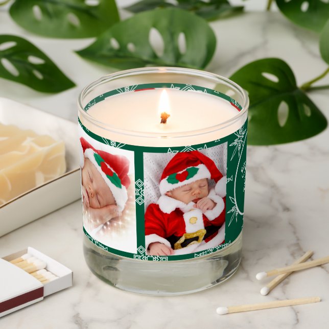 Four Photos Santa Baby Snowflakes Green Christmas Scented Candle (Lit)