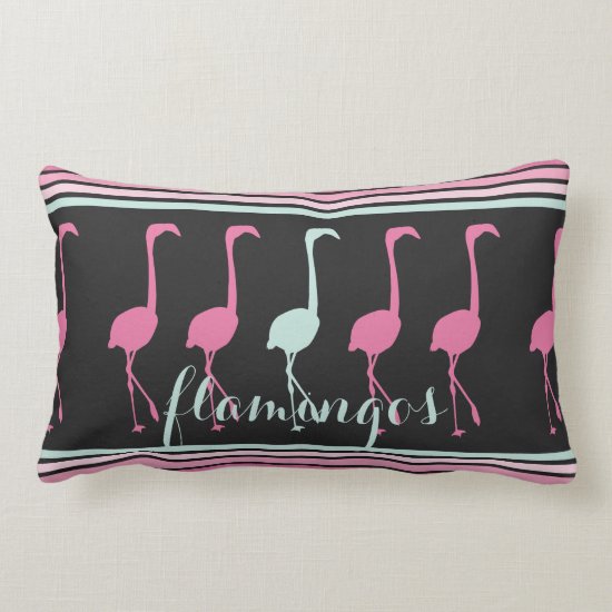 Four Pink Flamingos One Light Blue Lumbar Pillow