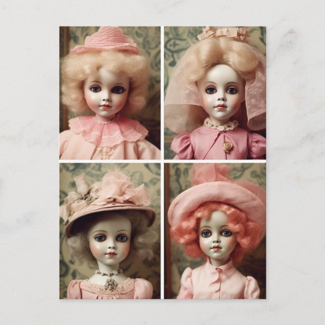 Four Pink Vintage Dolls Postcard (Front)