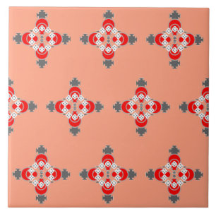 Four point Mandala, Coral, Gray / Grey and Red Ceramic Tile