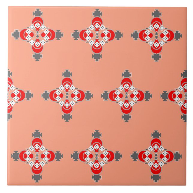Four point Mandala, Coral, Gray / Grey and Red Ceramic Tile (Front)