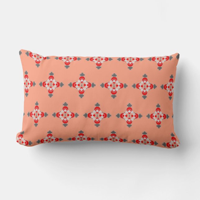 Four point Mandala, Coral, Gray / Grey and Red Lumbar Pillow (Front)