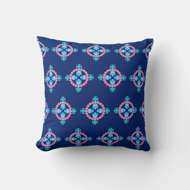 Four point Mandala, Indigo Blue, Turquoise & Pink Throw Pillow (Front)