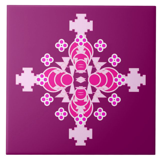 Four point Mandala - pale pink and plum Ceramic Tile (Front)