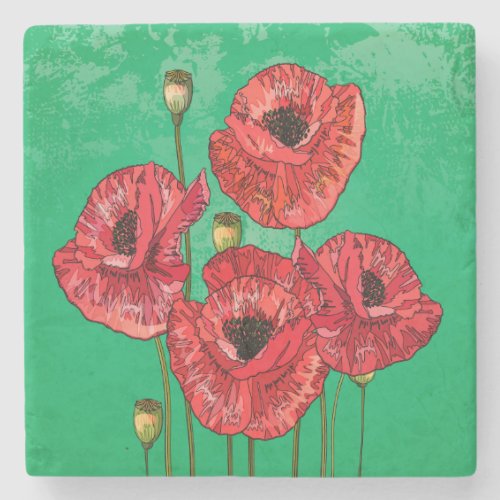 Four Pretty Red Poppies on Green Stone Coaster