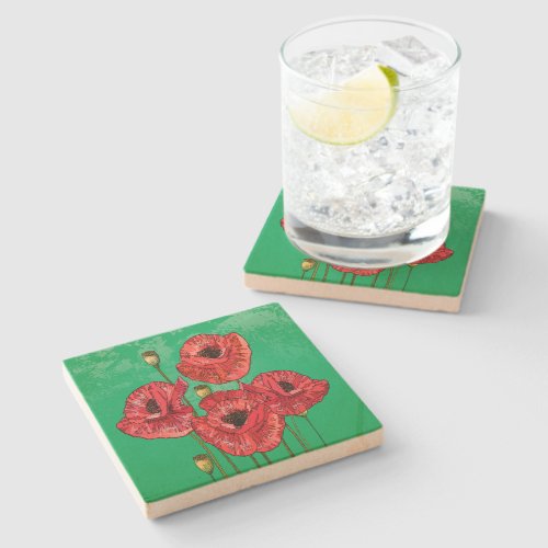 Four Pretty Red Poppies on Green Stone Coaster