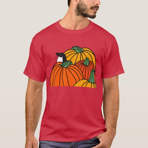 Four Pumpkins and a Penguin waiting for Halloween T_Shirt