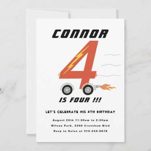Four Race Car Fourth Birthday Party Invitation