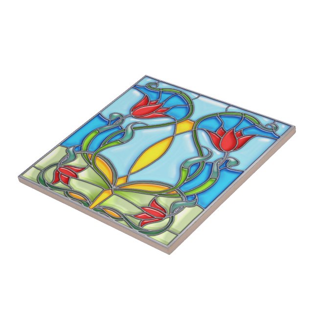 Four Red Tulips Stained Glass Ceramic Tile (Side)