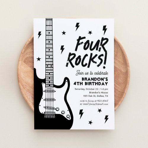 Four Rocks Guitar Rock and Roll 4th Birthday Invitation