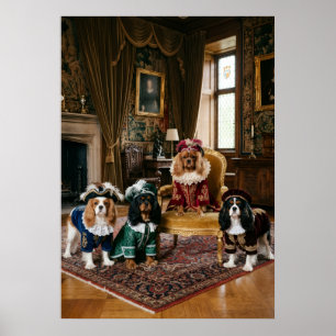 Four Royal Cavalier Spaniels in Stately Home Poster