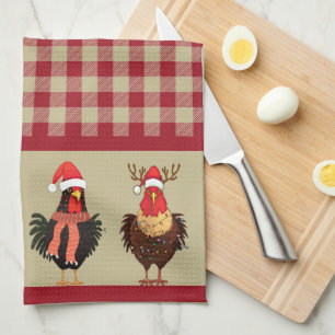 Four Santa Chickens - Red and Tan Lumberjack Plaid Kitchen Towel