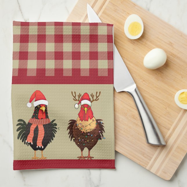 Four Santa Chickens - Red and Tan Lumberjack Plaid Kitchen Towel (Quarter Fold)